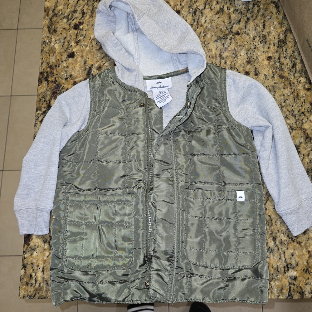 Green Quilted Vest with Gray Hoodie Tommy Bahama